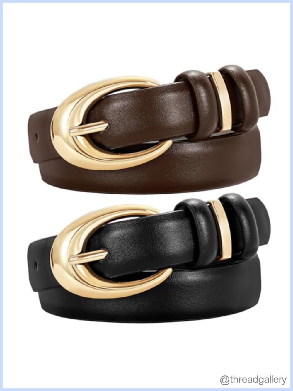 2 Pack Women Faux Leather Belt with Gold Buckle Slim Fit